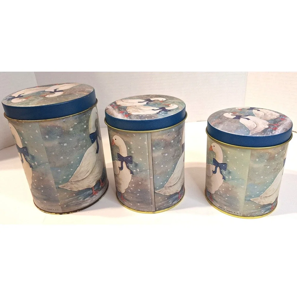 Vintage Geese with Blue Bows Nesting Canister Tin Set 3 Piece Cottagecore Decor